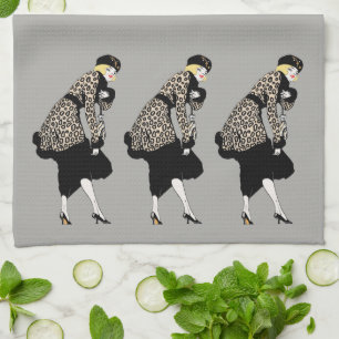 Art Deco vrouw in luipaardprint jas uit het verled Theedoek