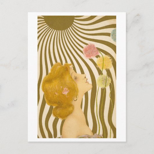 Art Deco Vrouw met Bloemen en Zonneschijn Briefkaart (Voorkant)