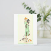 art deco vrouw met drie katten briefkaart (Staand voorkant)