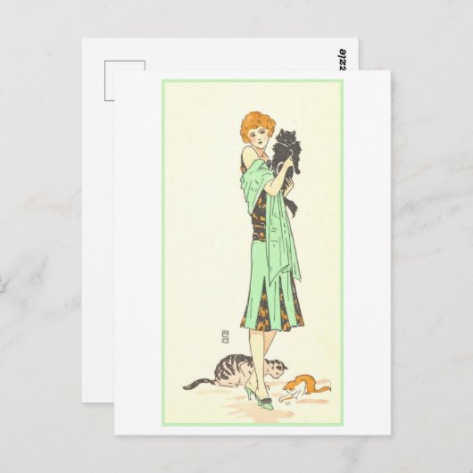 art deco vrouw met drie katten briefkaart (Voorkant / Achterkant)