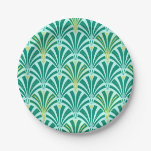 Art Deco waaierpatroon - turquoise op aqua Papieren Bordje