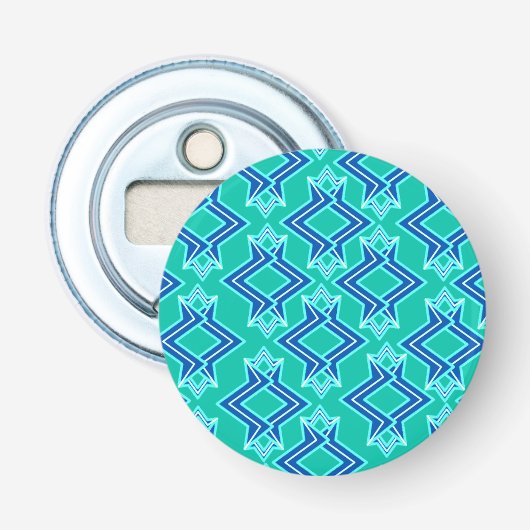 Art Deco Wallpaper Pattern, Turquoise en Cobalt Button Flesopener (Voorkant)