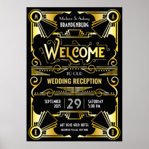 Art Deco Weddenschappen Receptie Welkom Gold en zw Poster