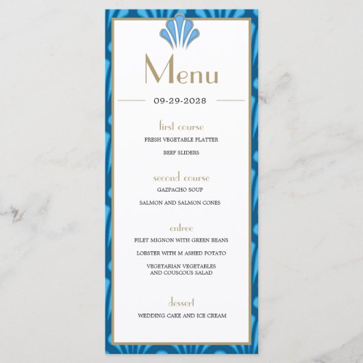 Art Deco Wedding Blue Roaring Twenties Menu (Voorkant)