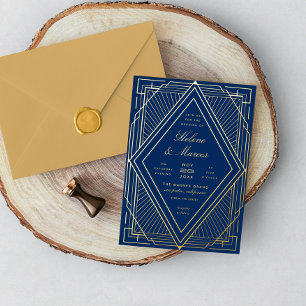 Art Deco Wedding Diamond Navy and Gold Folie Uitnodiging