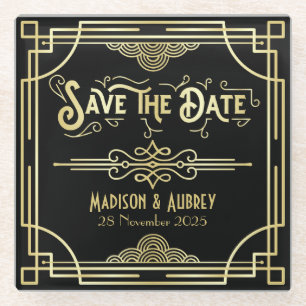 Art Deco Wedding Elegant Gold Black Save the Date Glazen Onderzetter