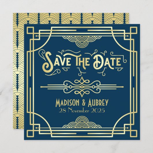Art Deco Wedding Elegant Gold Blue Great Gatsby Save The Date (Voorkant / Achterkant)