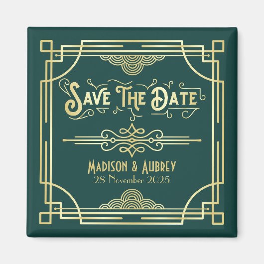 Art Deco Wedding Elegant Gold Green Save the Date Magneet (Voorkant)