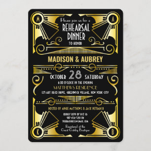 Art Deco Wedding Gold & Black Rehearsal Dinner Kaart