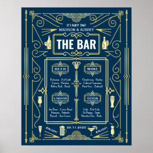 Art Deco Wedding Gold Blue Open Bar Poster