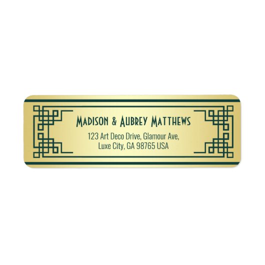 Art Deco Wedding Gold Green Elegant Return Address Etiket (Voorkant)