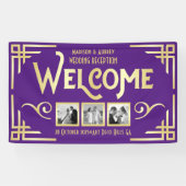 Art Deco Wedding Gold Paarse Drie Foto Welkom Spandoek (Horizontaal)