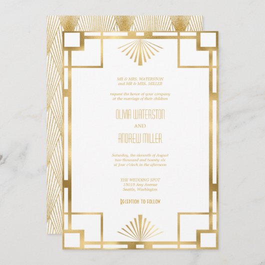 Art Deco Wedding | Goud en wit Kaart (Voorkant / Achterkant)