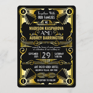 Art Deco Wedding Great Gatsby  Black & Gold Kaart