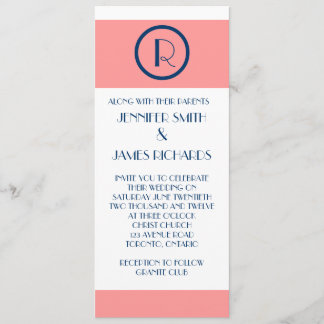 Art Deco Wedding Invitation Coral Navy Blue WHite Kaart