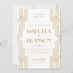 Art Deco Wedding Invitation in Gold en White Kaart