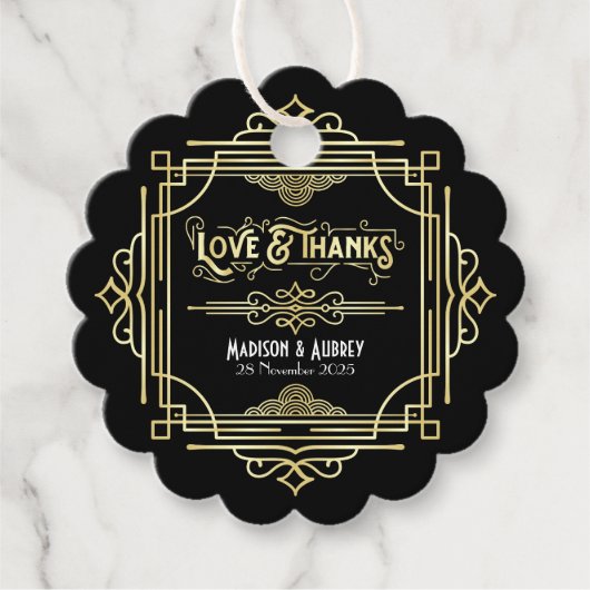 Art Deco Wedding Love & Bedankt Gold Black Favor Bedankjes Labels (Voorkant)