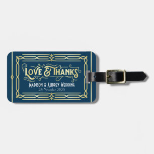 Art Deco Wedding Love & Bedankt Gold Blue Favor Bagagelabel