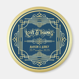 Art Deco Wedding Love & Bedankt Gold Blue Favor Magneet