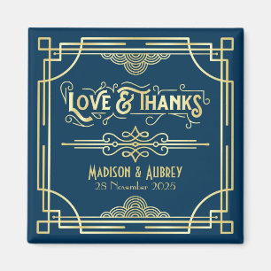 Art Deco Wedding Love & Bedankt Gold Blue Favor Magneet