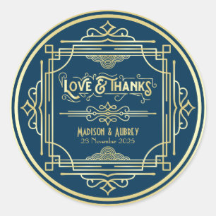 Art Deco Wedding Love & Bedankt Gold Blue Favor Ronde Sticker
