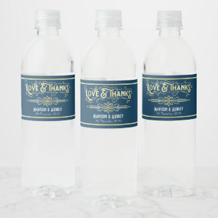 Art Deco Wedding Love & Bedankt Gold Blue Favor Waterfles Etiket