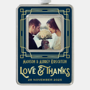 Art Deco Wedding Love & Bedankt Gold Blue Voeg fot Verzilverd Kader Ornament