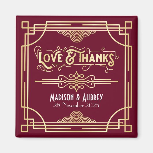 Art Deco Wedding Love & Bedankt Gold Burgundy Favo Magneet (Voorkant)