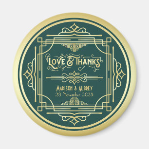 Art Deco Wedding Love & Bedankt Gold Green Favor Magneet