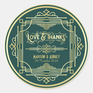 Art Deco Wedding Love & Bedankt Gold Green Favor Ronde Sticker
