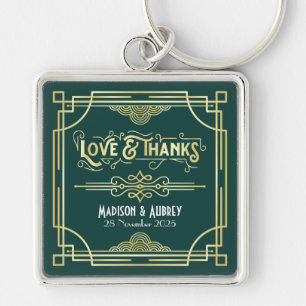 Art Deco Wedding Love & Bedankt Gold Green Favor Sleutelhanger