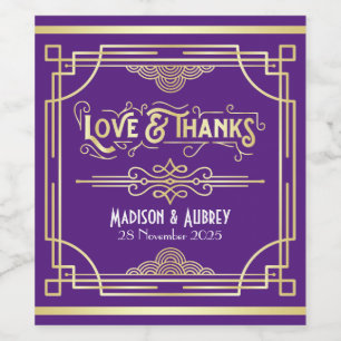Art Deco Wedding Love & Bedankt Gold Paars Favor Wijn Etiket