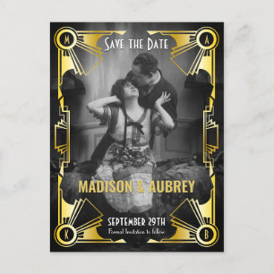 Art Deco Wedding Save the Date Gold & Black Photo Aankondigingskaart