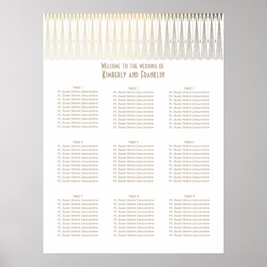Art Deco White en Gold Wedding Seating Chart Poster (Voorkant)