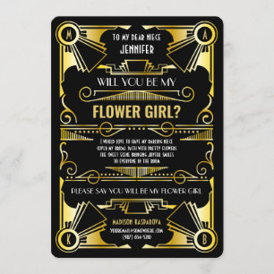Art Deco Wil Je Mijn Bloemenmeisje Zijn Goud & Zwa Kaart
