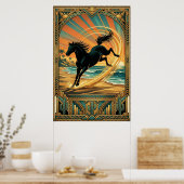Art Deco Wild Horse Beach Sunset Teal Orange Poster (Keuken)