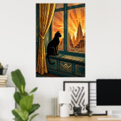 Art Deco Windowsill Gazing Cat Wall Art Poster (Thuiskantoor)