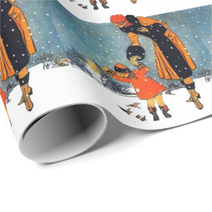 Art Deco-wintermoeder en kind in de sneeuw in vint Cadeaupapier