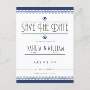Art Deco  Wit Navy Blauw Save the Date Aankondigingskaart