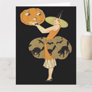 Art Deco Witch Jack O Lantern Pumpkin Black Cat Kaart