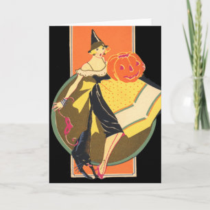 Art Deco Witch Jack O Lantern Pumpkin Black Cat Kaart
