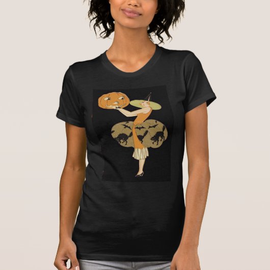 Art Deco Witch Jack O Lantern Pumpkin Black Cat T-shirt (Voorkant)