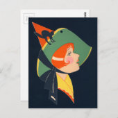 Art Deco Witch Zwarte Kat Briefkaart (Voorkant / Achterkant)