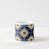 Art Deco Witte Bloemen Blauw Goud Bloemen Patroon Espresso Kop (Voorkant)
