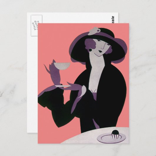 Art Deco Woman, Aftermiddag Tea en Cupcake Briefkaart (Voorkant / Achterkant)