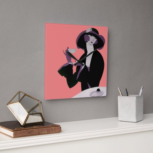  Art Deco Woman, Aftermiddag Tea en Cupcake Vierkante Klok (Kantoor)