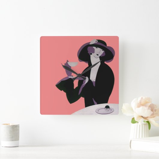 Art Deco Woman, Aftermiddag Tea en Cupcake Vierkante Klok (Huis)