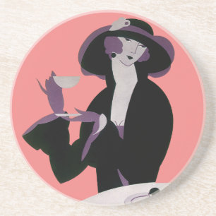 Art Deco Woman, Aftermiddag Tea en Cupcake Zandsteen Onderzetter