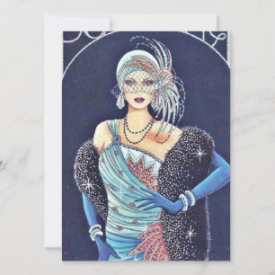  Art Deco Woman Blue-kerstfeestkaart Feestdagenkaart