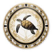 Art Deco Zee Schildpad Zwart Wit Goud Ocean Life Keramische Knop (Voorkant)